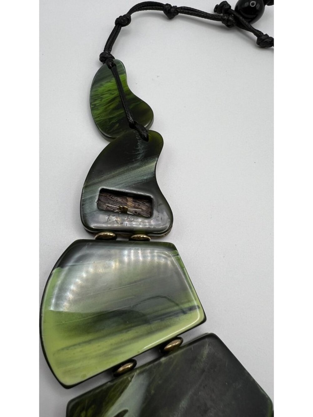 Chunky Green & Brown Geometric Statement Necklace With Adjustable Cord Closure - Picture 6 of 6